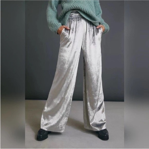 Anthropologie Maeve Anastacia Wide Leg Velvet Pants in Silver Size L Large - Picture 3 of 10